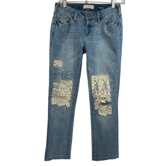 Sundance Magnolia Straight Leg Jeans Boho Lace Patches Embroidered Sz 27 Altered - Picture 2 of 9